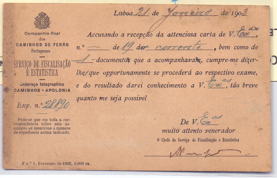 0196 v.jpg -     Lote:    196 (verso)            Portugal       Descrição:         1896 &mdash; D. Carlos I Mouchon. OM23, 10 reis. Circulado pela Ambulância R. A. Norte III (22.01.03) para Abrantes. Repicado por "CAMINHOS DE FERRO PORTUGUEZES / SERVIÇO DE FISCALIZAÇÃO E ESTATISTICA".         IC       Valor Base:     &euro; 15,00     Valor Venda:     &euro; 20,00     